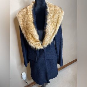 Badgley Mischka navy wool overcoat with faux fox collar sz XL